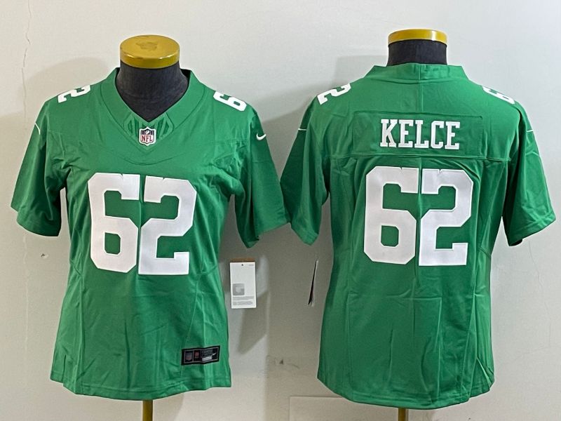 Women Philadelphia Eagles #62 Kelce Green three generations 2025 Nike Vapor Limited NFL Jersey style 1